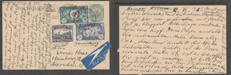 South Africa, 1/2d postal card 3 colour uprate to 6d, airmail CAPETOWN 12 VI 36 > Germany