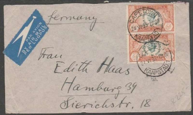 South Africa, air mail cover, 1/ ( vert pair) GVR Silver Jubilee 6d) CAPETOWN 24 VI 35 > Germany