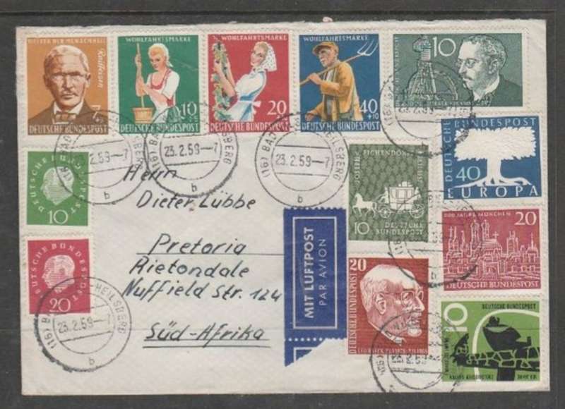 Germany 12 colour franking 2Mk17, air mail BAD VILBEL-HEILSBERG 23.2.59 > S.Africa