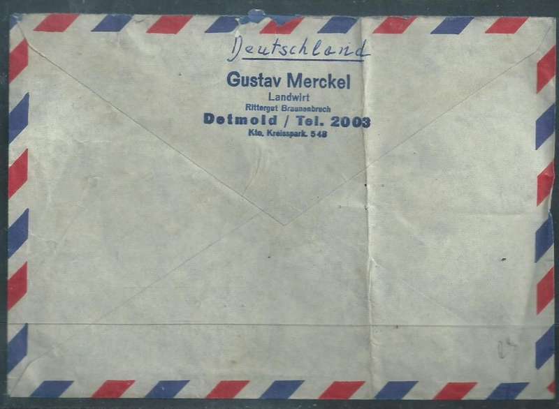 Germany 6 colour franking, 85pf, air mail DETMOLD 1 02.11.57 > S.Africa