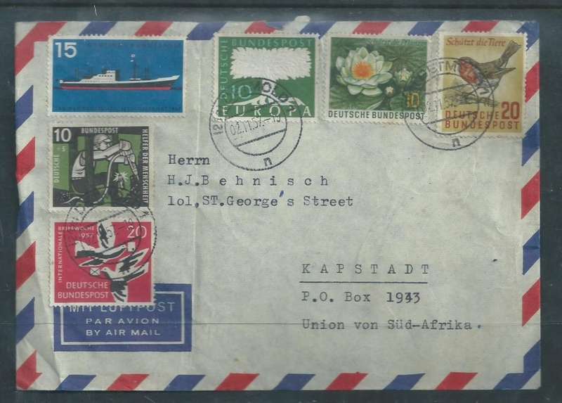 Germany 6 colour franking, 85pf, air mail DETMOLD 1 02.11.57 > S.Africa