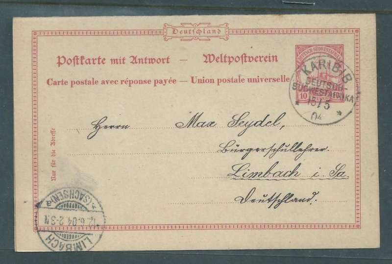 German South West Africa, 10pf + 10pf reply card, used, KARIBIB 15/5/04 > LIMBACH SAACHEN