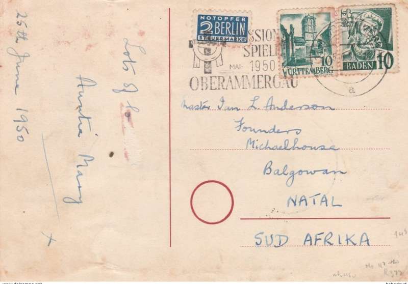 Germany, Federal republic, 1949 Refugee Relief on card OBERAMMERGAUPASSIONSSPIELE 23.6.50, posted >