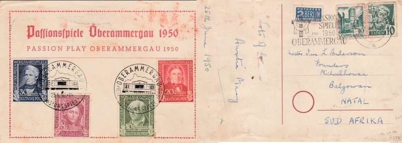 Germany, Federal republic, 1949 Refugee Relief on card OBERAMMERGAUPASSIONSSPIELE 23.6.50, posted >