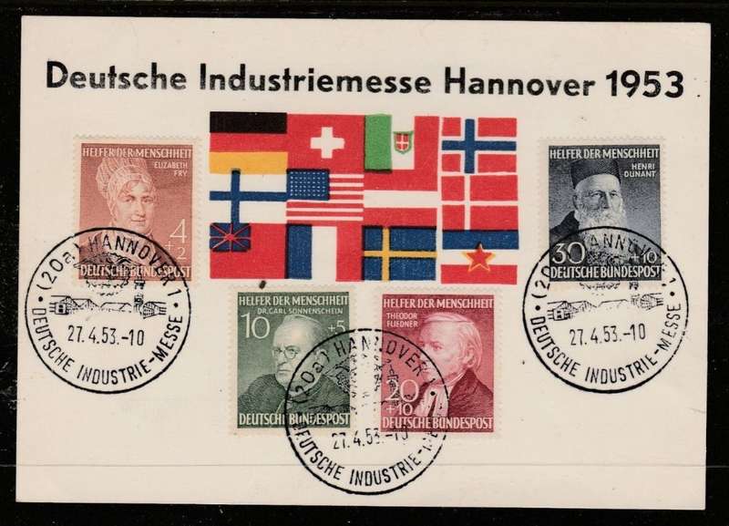 Germany 1952 Humanitarian Relief set on souvenir card, c.d.s. (20a)HANNOVER 1 DEUTSCHE INDUSTRIE-MES