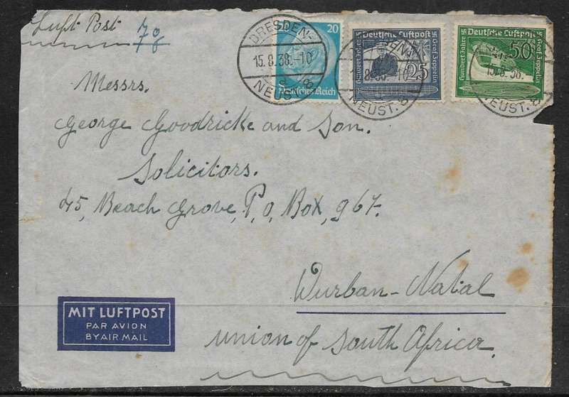 Germany, 1938 Zeppelin 25pf, 50pf, Hindenberg 20pf, cover front, DRESDEN 15.8.38 c.d.s. > S.Africa