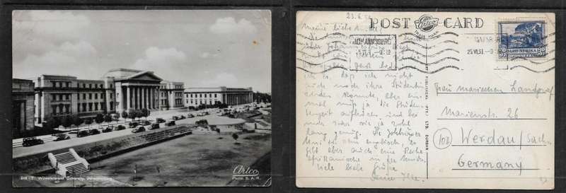 South Africa, Witwatersrand University, Johannesburg, used 3d, JOHANNESBURG 25 VI 51 > Germany