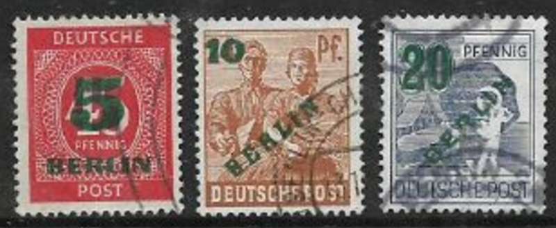 Germany, Berlin, 1949, BERLIN opt & surcharges, 5pf/45, 10pf / 14, 20pf / 80 , c.d.s. used