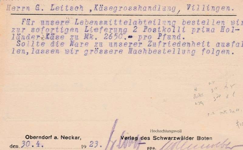 Germany, Schwarzwalder Bote, commercial card, franked 40 marks, OBERNDORF 30 APR 23 > Villingen