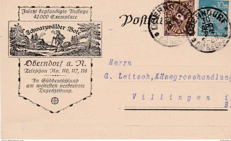 Germany, Schwarzwalder Bote, commercial card, franked 40 marks, OBERNDORF 30 APR 23 > Villingen