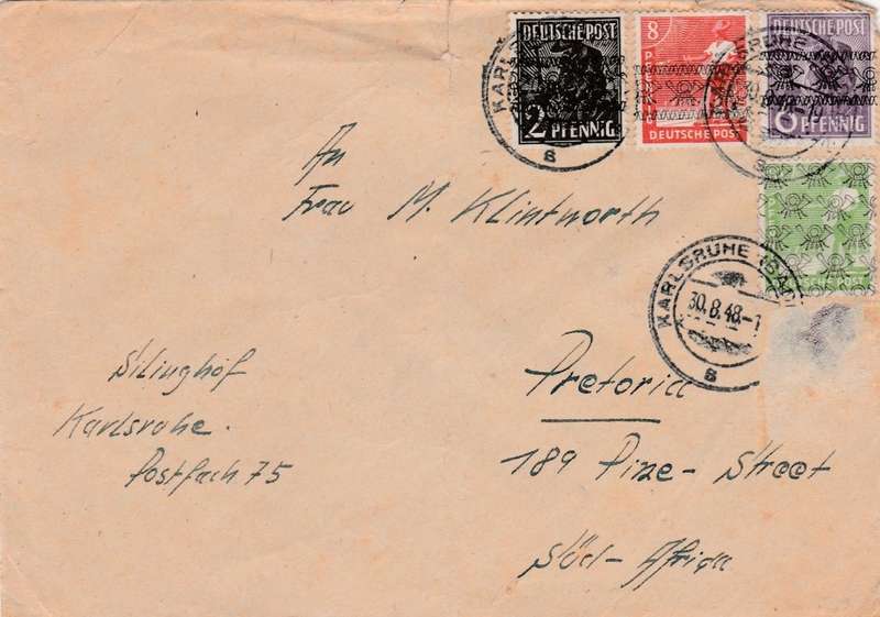 Germany American -British Zone , cover 4 colour frankng (1 removed) KARLSRUH 30 8 48 >S.Africa