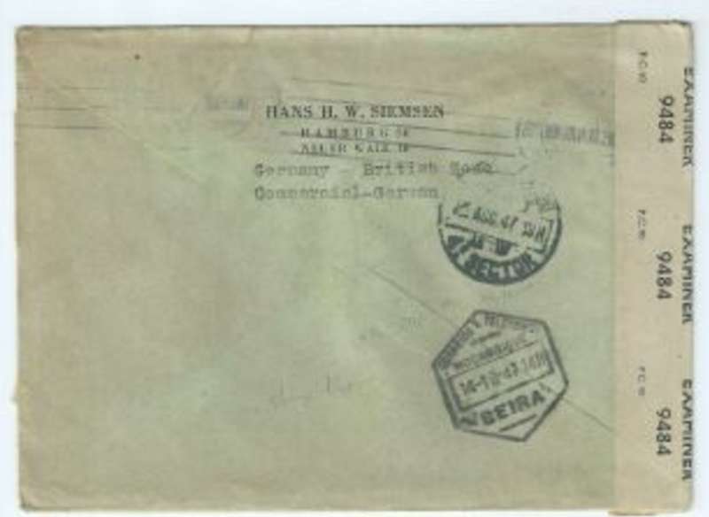 Germany, HAMBURG 06.08.47,British Censor > BEIRA, 4TH SECTOR transit