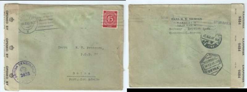 Germany, HAMBURG 06.08.47,British Censor > BEIRA, 4TH SECTOR transit