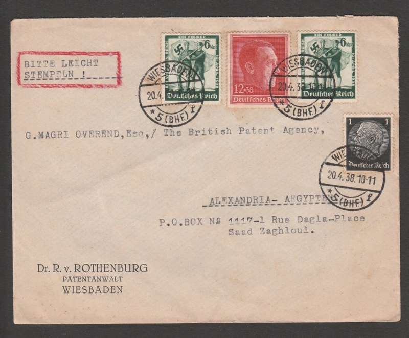 Germany, cover 25pf, WIESBADEN 20.4.38 > ALEXNDRIA 25 APR 38
