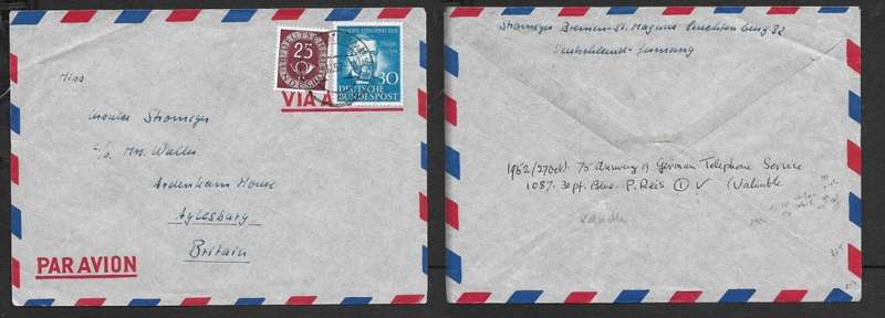 Germany, FRG,n 1952, air mail, 55pf, > England, (75th Anniversary of German Telephone Service 30pf s