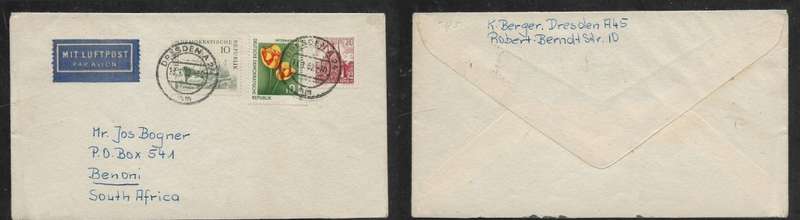 Germany DDR, cover 40pf, DRESDEN 13.3.62 > S.Africa,