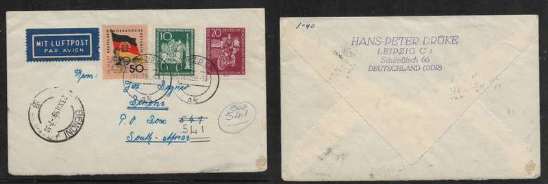 Germany DDR, cover 80pf, LEIPZIG 6.12.59 > S.Africa, BENONI 23 XII 59 re-direction