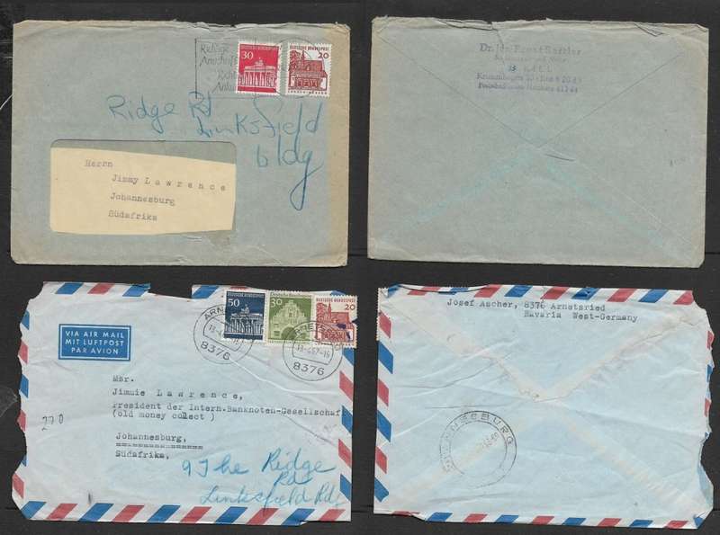 Germany covers, 1966, 50pf, KIEL c.d.s.1967 (air mail) 1 Mk. ARNETSRIED c.d.s.. > S.Africa