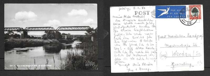 South Africa, Road & rail bridge, Sabie, Nelspruit Transvaal used 6d, 1953 > Germany