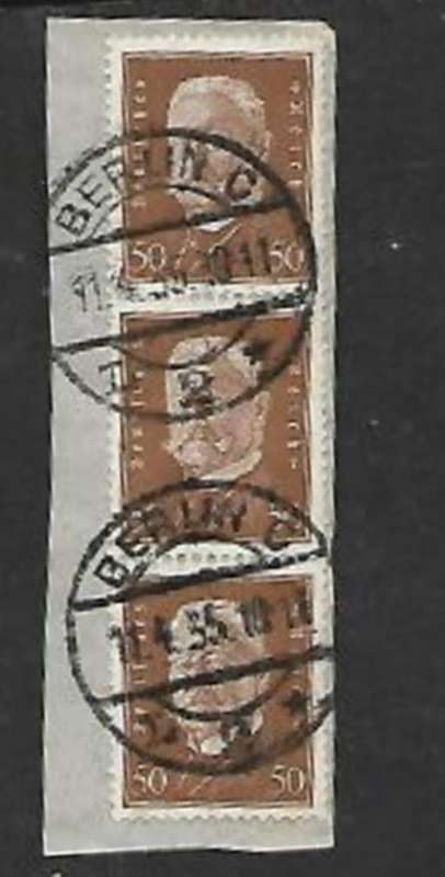 Germany, 50pf strip of 3 on fragment used BERLIN -C -2- 11.4.35 c.d.s.