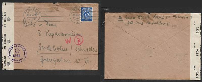 Germany, 75pf , cover HAMBURG 05.8.47 > Stockholm, British Examiner 9235, British Censorship Germany