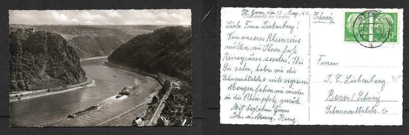 Germany, Das Felsental de Loreley, barges on th Rhine, used 20pf, ST. GOAR 15 8 55 > Switzerland