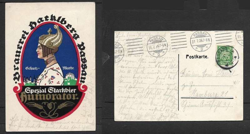 Germany, Spezial starkbier `humorator`, posted PASSAU 31.7.27 roller + PASSAU 2 31 JUL 26 c.d.s.