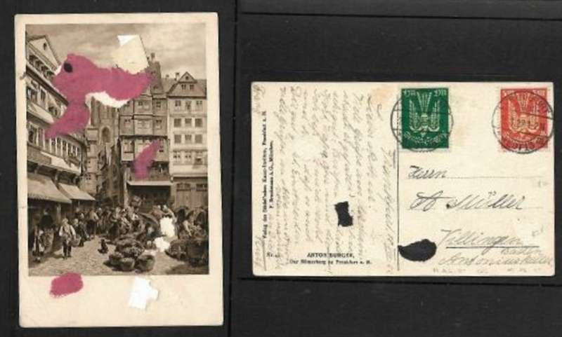 Germany, 1m, 5m air mail stamps used on card, FRANKFURT (MAIN) WEST 13 m 21.8.22 c.d.s.