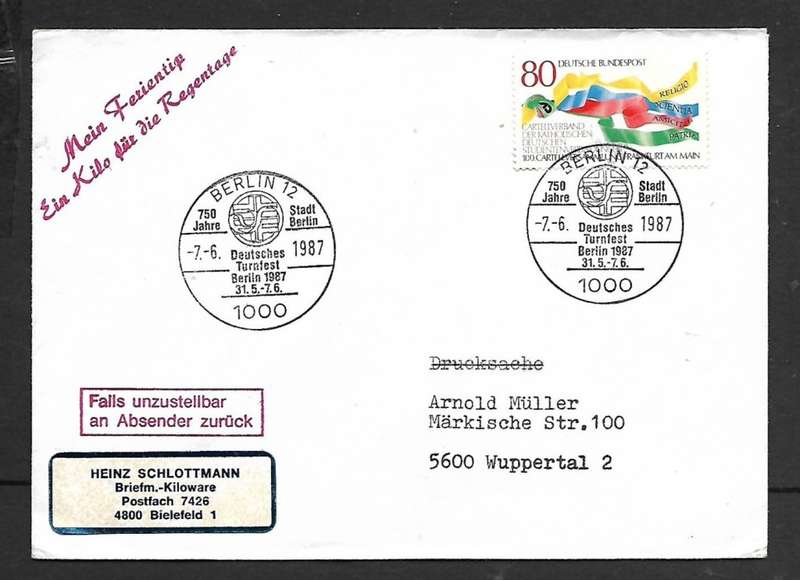 Germany special cancel : 750 JAHR STADT BERLIN DEUTSCHES TURNFEST BERLIN 1987 31.5. - 7.6, BERLIN 12