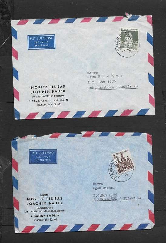 Germany 2 x air covers, 70pf, 80pf FRANKFURT > S.Africa