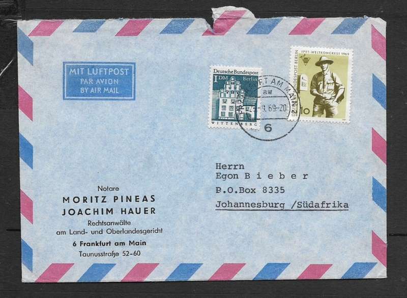 Germany 1 Dm 10pf stamps `Berlin`, air cover FRANKFURT 25.9.69 > S.Africa
