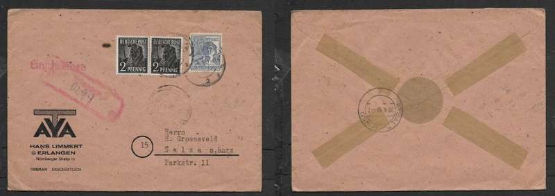 Germany, registered domestic cover, 84 pf, ERLANGEN > SALZA A HARZ20.4.48