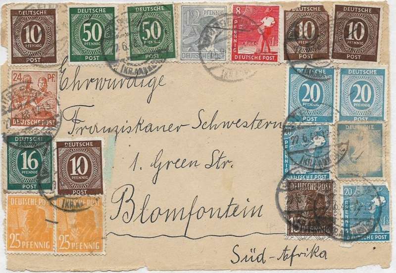 Germany, cover front (fragment) sent 22.6.48, 3Mk65Pf, > Bloemfontein, S.Africa
