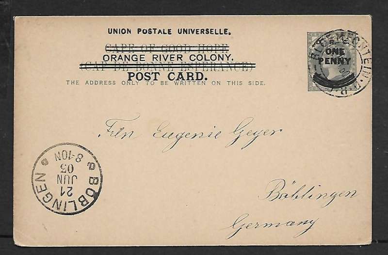 Orange River Colony opt on VRI GoGH 1d card, BLOEMFONTEIN 30 MAY 09 > BOBLINGEN (Germany)