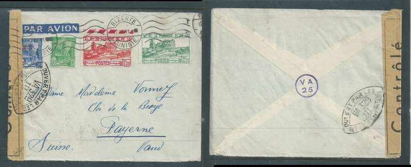 Tunis, cover,4F75, BIZERTE 17 IX 41 > Switzerland, CONTROLE label + censor VA 329 III cachet