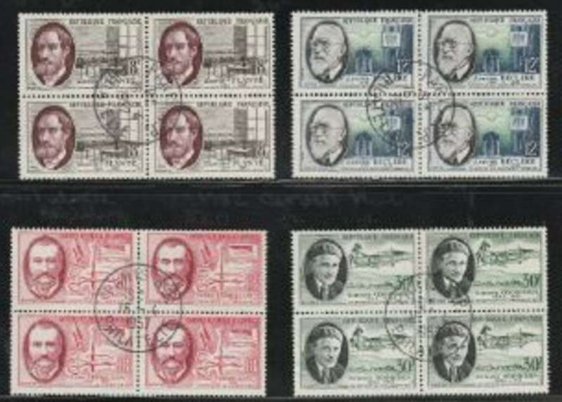 France, 1957 Inventors, blocks of 4, used PARIS R.P. PHILATELIE 16 - 4 - 57 c.d.s.