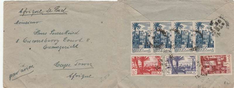French Morocco, 1949 cover, 85 francs, air mail > South Africa