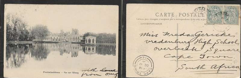 France, Fontainebleau Vue sur l`etang, used GARE DE BAYONNE > CAPE TOWN OC 10
