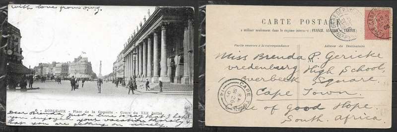France, Bordeaux Place de la Comedie, used GARE DE BAYONNE 5 SP 05 > CAPE TOWN SE 26 05