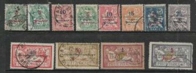 France, Morocco, 12 stamps with Protectorate Francais opt and surcharges in Arabic, SG cat val £3.20
