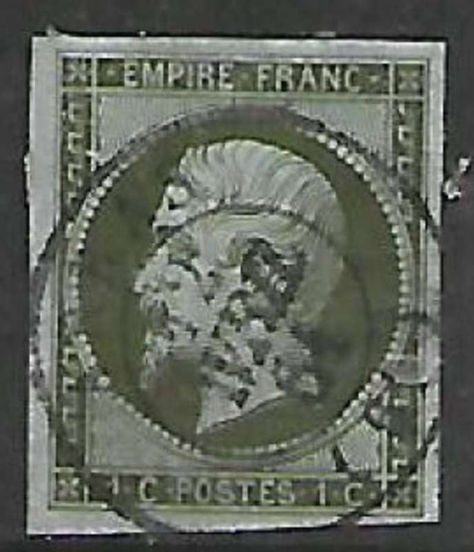 France, 1860, Napoloeon III, 1c olive green / blueish, imperf, used ARRAS (61) 12 AVRIL 64, c.d.s.