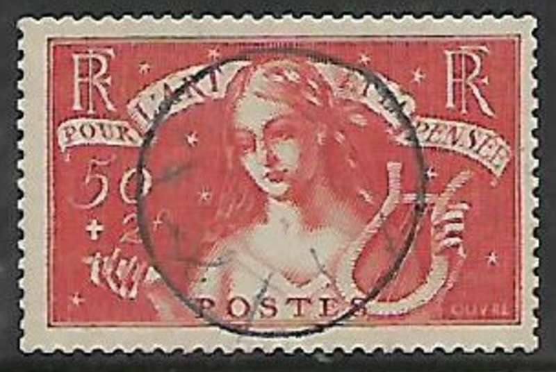 France, 1935 Unemployed Intellectuals Fund, 50c + 2f, used HAND DRAWN CIRCLE & SQUIGGLES
