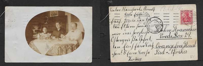 Germany photo PPC of family at tea, used 10pf, HAMBURG 2.4.14 > P.O. VREDE (S.Africa)