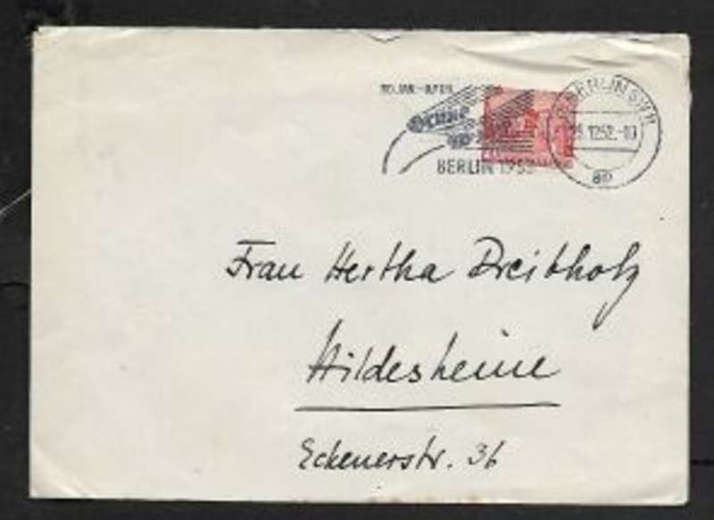 Germany Berlin, domestic cover 20pf (1) BERLIN SW11 ap 29,12,52 c.d.s.& promotional slogan