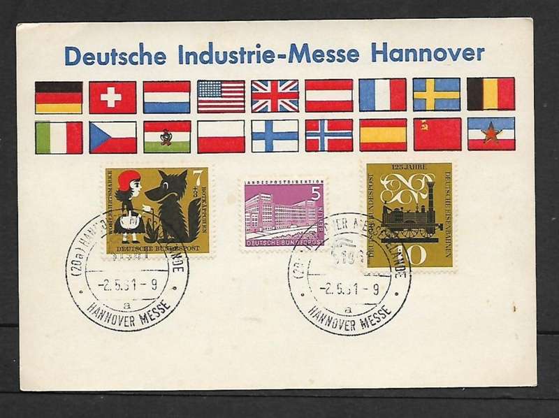 Germany DEUTSCH INDUSTRIE-MESSE HANNOVER card with 3 stamps 2.5.61 special c.d.s.