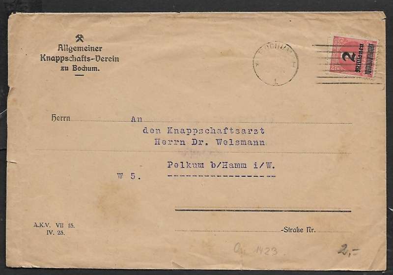 Germany, domestic cover franked ,2 Millionen on 5 Millionen , bBOCHUM 5 11. 23 c.d.s.