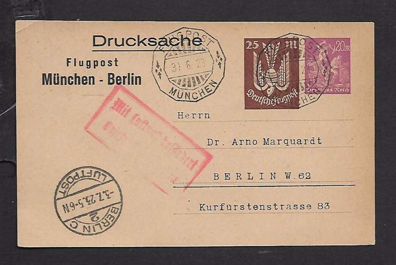 Germany, Air Mail card, 45Mk FLUGPOST MUNCHEN 30.6.23 > BERLIN C LUFTPOST 2 3.7.23