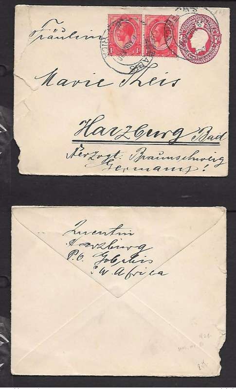 S.W.Africa, 1d envelope + 2 x 1d adhesives of S.Africa GOBABIS S.W.AFRICA 9 AUG 20 > Germany