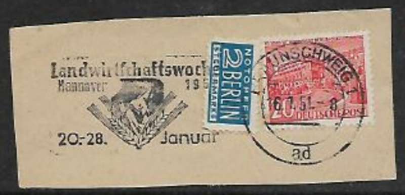Germany 1951 fragment with postal slogan for Agricultural exhibition, Hannover 1951