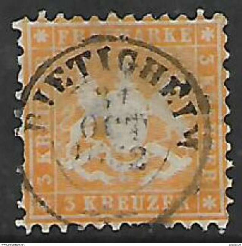 Germany: Wurrtemberg, 1859, 3 kr yellow, perf 10, used RIETIGHEIM 31 OCT 1852